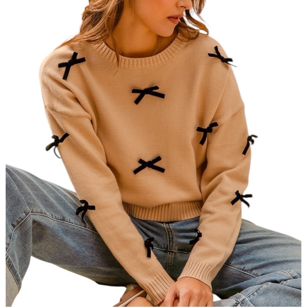 NEW So Me Coquette Bow Applique Sweater Tan Black Bow Accents